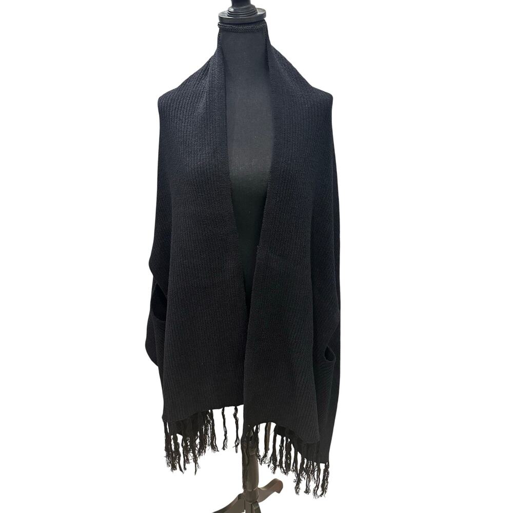 Nature EUC Black Ribbed Knit Fringe Poncho Wrap Arm Holes 70"